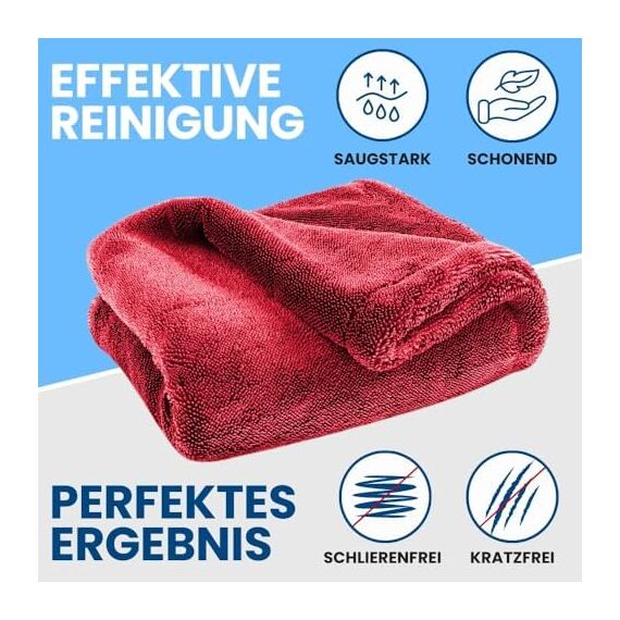 Ivality® Auto Trockentuch Groß 40x60 cm – 1800 GSM Ultra Saugstarke Mikrofasertücher für Autopflege und Motorrad, Fusselfreies, Lack-schonendes Twisted Towel Microfasertücher - Rot
