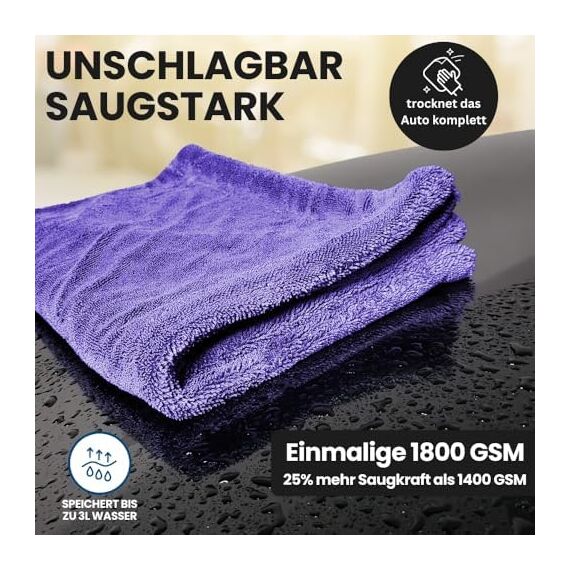 Ivality® Auto Trockentuch Groß 40x60 cm – 1800 GSM Ultra Saugstarke Mikrofasertücher für Autopflege und Motorrad, Fusselfreies, Lack-schonendes Twisted Towel Microfasertücher - Lila