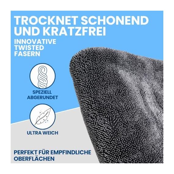 Ivality® Auto Trockentuch Groß 40x60 cm – 1800 GSM Ultra Saugstarke Mikrofasertücher für Autopflege und Motorrad, Fusselfreies, Lack-schonendes Twisted Towel Microfasertücher - Grau