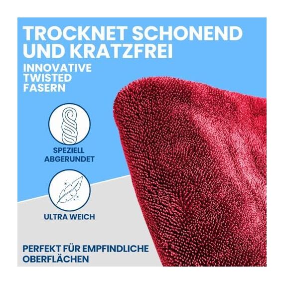 Ivality® Auto Trockentuch Klein 40x40 cm – 1800 GSM Ultra Saugstarke Mikrofasertücher für Autopflege und Motorrad, Fusselfreies, Lack-schonendes Twisted Towel Microfasertücher - Rot