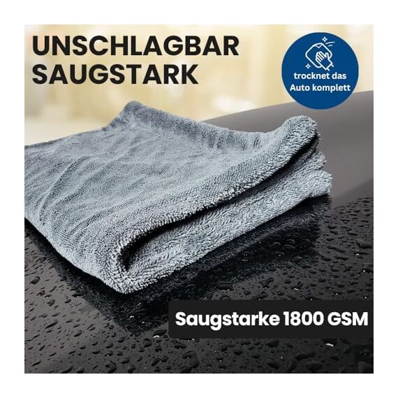 Ivality® Auto Trockentuch Groß 40x60 cm – 1800 GSM Ultra Saugstarke Mikrofasertücher für Autopflege und Motorrad, Fusselfreies, Lack-schonendes Twisted Towel Microfasertücher - Grau