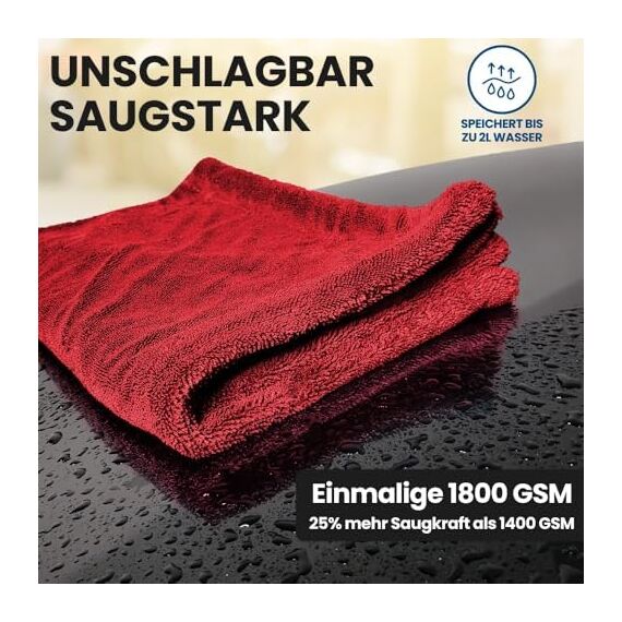 Ivality® Auto Trockentuch Klein 40x40 cm – 1800 GSM Ultra Saugstarke Mikrofasertücher für Autopflege und Motorrad, Fusselfreies, Lack-schonendes Twisted Towel Microfasertücher - Rot