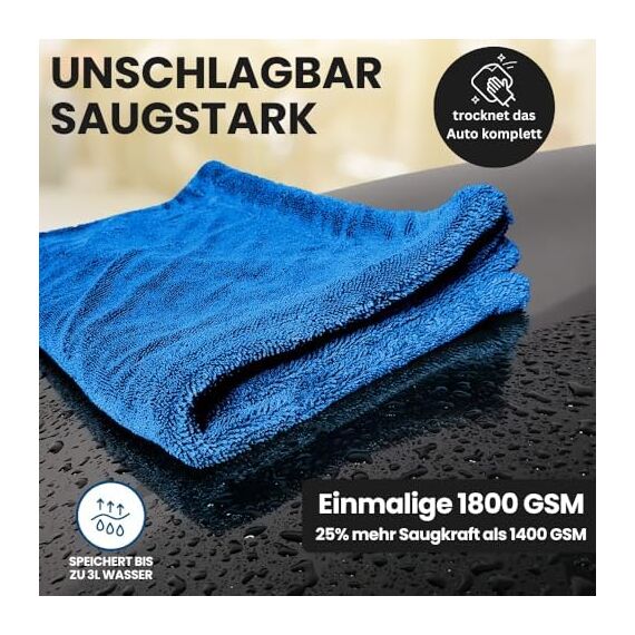 Ivality® Auto Trockentuch Groß 40x60 cm – 1800 GSM Ultra Saugstarke Mikrofasertücher für Autopflege und Motorrad, Fusselfreies, Lack-schonendes Twisted Towel Microfasertücher - Blau