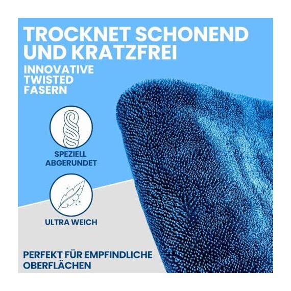 Ivality® Auto Trockentuch XXL 80x50 cm – 1800 GSM Ultra Saugstarke Mikrofasertücher für Autopflege und Motorrad, Fusselfreies, Lack-schonendes Twisted Towel Microfasertücher - Blau