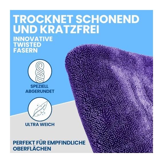 Ivality® Auto Trockentuch Groß 40x60 cm – 1800 GSM Ultra Saugstarke Mikrofasertücher für Autopflege und Motorrad, Fusselfreies, Lack-schonendes Twisted Towel Microfasertücher - Lila