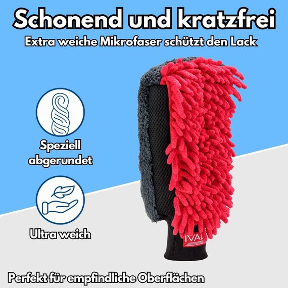 Ivality® Premium 3 in1 Auto Waschhandschuh – Mikrofaser Handschuh Lackschonend & Saugstark - Kratzfrei Schwamm Kfz Mit Gummibund Für Auto Waschen , Felgenreiniger & Insekten entferner