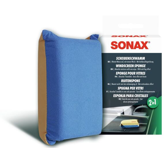 SONAX ScheibenSchwamm (1 Stück) nimmt Nässe mit einem Wisch auf und hinterlässt einen dünnen Film mit Antibeschlagwirkung | Art-Nr. 04171000