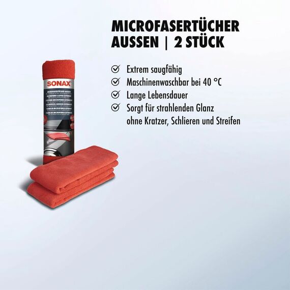 SONAX MicrofaserTücher Außen (2 Stück) der Lackpflegeprofi, hochwertig und flauschig, zum Entfernen von Polierrückständen | Art-Nr. 04162410