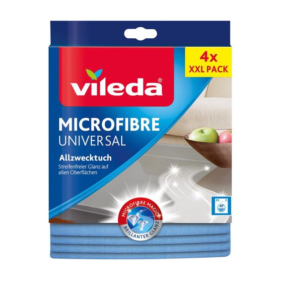 Vileda Allzwecktuch Universal, zu 100% aus Mikrofasern, streifenfreier Glanz, für empfindliche Oberflächen, 38 x 36 cm, 4er Pack