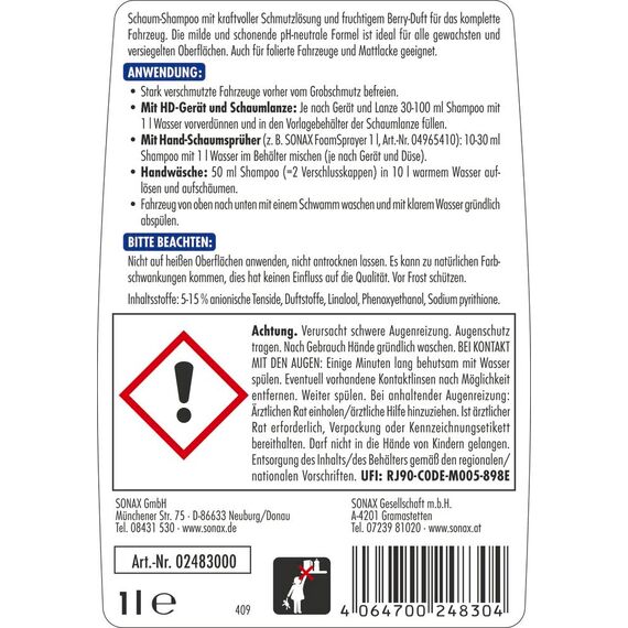 SONAX XTREME RichFoam Shampoo (1 Liter) Schaum/Snow Foam Shampoo erzeugt dichten, langhaftenden & schmutzlösenden Schaumteppich, ph-neutral, Berry-Duft | Art-Nr. 02483000