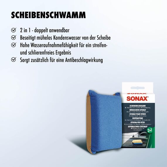 SONAX ScheibenSchwamm (1 Stück) nimmt Nässe mit einem Wisch auf und hinterlässt einen dünnen Film mit Antibeschlagwirkung | Art-Nr. 04171000