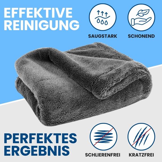 Ivality® Auto Trockentuch Groß 40x60 cm – 1800 GSM Ultra Saugstarke Mikrofasertücher für Autopflege und Motorrad, Fusselfreies, Lack-schonendes Twisted Towel Microfasertücher - Grau