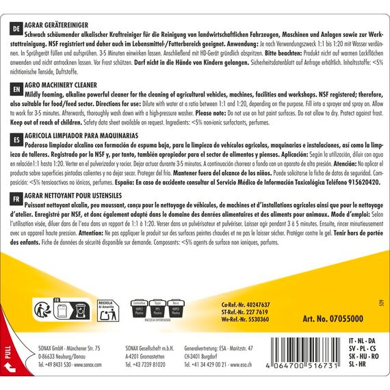 SONAX AGRAR GeräteReiniger (5 Liter) für landwirtschaftliche Fahrzeuge, Maschinen und Anlagen sowie zur Werkstattreinigung | Art-Nr. 07055000