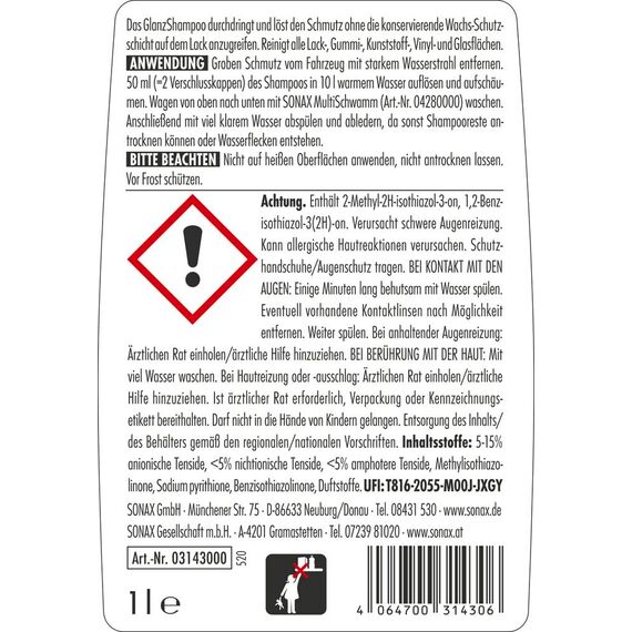 SONAX GlanzShampoo Konzentrat (1 Liter) durchdringt und löstr Schmutz gründlich, ohne Angreifen der Wachs-Schutzschicht | Art-Nr. 03143000