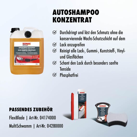 SONAX AutoShampoo Konzentrat (5 Liter) löst den Schmutz ohne die Wachs-Schutzschicht auf dem Lack anzugreifen | Art-Nr. 03145000
