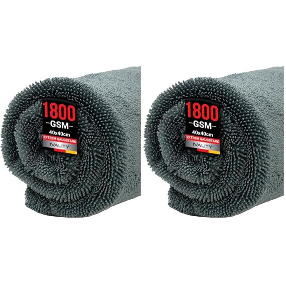 Ivality® Auto Trockentuch Klein 40x40 cm – 1800 GSM Ultra Saugstarke Mikrofasertücher für Autopflege und Motorrad, Fusselfreies, Lack-schonendes Twisted Towel Microfasertücher - Grau (Packung mit 2)