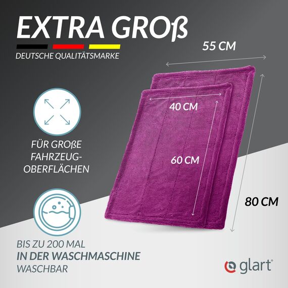 Glart Set Twist Auto Trockentuch XXL - Premium 80x55cm & 60x40cm Mikrofasertücher für kratzerfreies Trocknen vor/nach Autopolitur & Felgenbürste. Großes Trockentuch für Auto & Motorrad