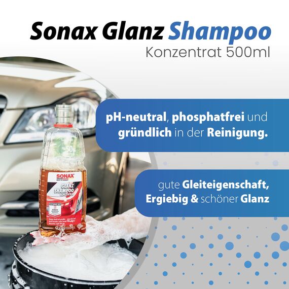 Autowäsche Set - SONAX: Autoshampoo Glanz Shampoo Konzentrat - Magic Bucket SONAX Felgenbeast Wascheimer mit Deckel & Schmutzfalle, Waschhandschuh mit Insekten Mesh - Autoreinigungsset Aussen