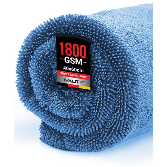 Ivality® Auto Trockentuch Groß 40x60 cm – 1800 GSM Ultra Saugstarke Mikrofasertücher für Autopflege und Motorrad, Fusselfreies, Lack-schonendes Twisted Towel Microfasertücher - Blau
