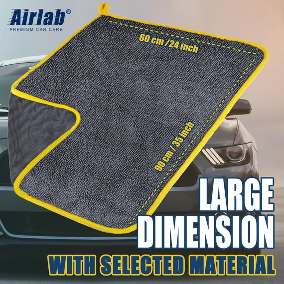 Airlab Mikrofaser Trockentuch XXL, Mikrofasertuch Auto Tuch 90x60 cm zum Trocknen, Saugstarkes Poliertuch Reinigungstuch für Autopflege, Fusselfrei & Kratzfrei, Gelb