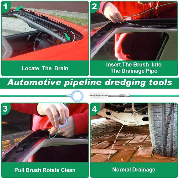 Draupnir Auto Schiebedach Reinigungsbürste，300cm Lang Schiebedach Ablauf Bürste Flexible Abflussbürste Werkzeug Rohrreiniger mit 2Pcs 20cm Reinigungsbürste für Auto-Schiebedachwischer Abflussloch