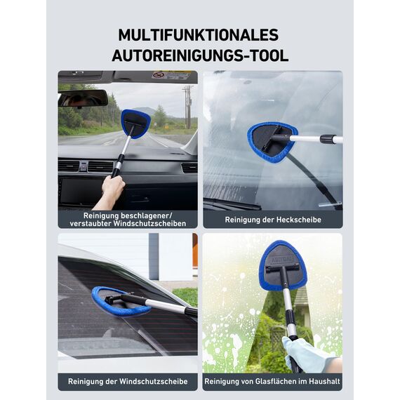 AstroAI Auto Scheibenreiniger mit 4 Mikrofaserpad, Reinigungswerkzeug für die Windschutzscheibe mit ausziehbarem Griff, Auto Fensterwischer Kit, Blau