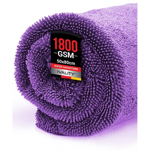Ivality® Auto Trockentuch XXL 80x50 cm – 1800 GSM Ultra Saugstarke Mikrofasertücher für Autopflege und Motorrad, Fusselfreies, Lack-schonendes Twisted Towel Microfasertücher - Lila