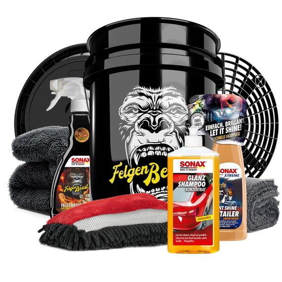 Autowäsche Set - SONAX: Autoshampoo Glanz Shampoo Konzentrat - Magic Bucket SONAX Felgenbeast Wascheimer mit Deckel & Schmutzfalle, Waschhandschuh mit Insekten Mesh - Autoreinigungsset Aussen