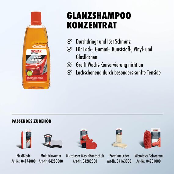 SONAX GlanzShampoo Konzentrat (1 Liter) durchdringt und löstr Schmutz gründlich, ohne Angreifen der Wachs-Schutzschicht | Art-Nr. 03143000