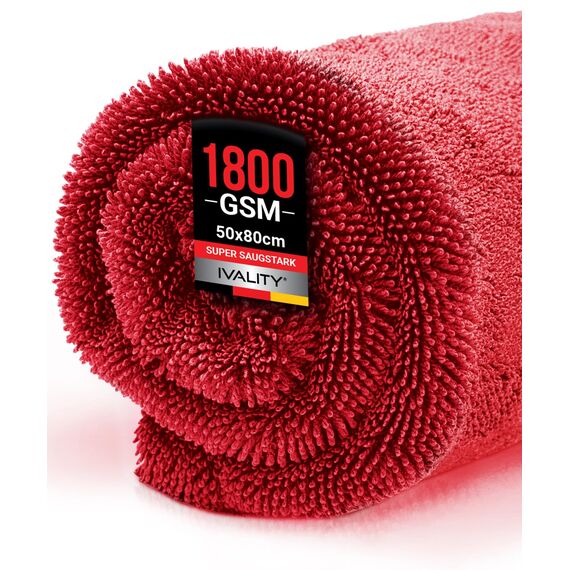 Ivality® Auto Trockentuch XXL 80x50 cm – 1800 GSM Ultra Saugstarke Mikrofasertücher für Autopflege und Motorrad, Fusselfreies, Lack-schonendes Twisted Towel Microfasertücher - Rot