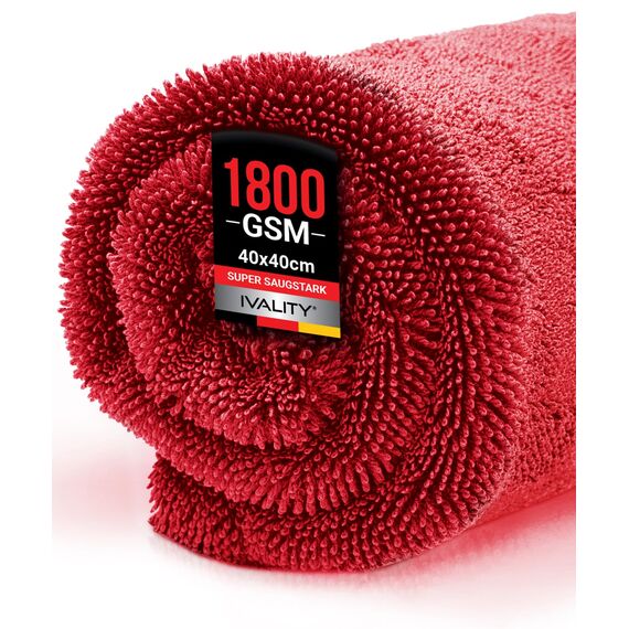 Ivality® Auto Trockentuch Klein 40x40 cm – 1800 GSM Ultra Saugstarke Mikrofasertücher für Autopflege und Motorrad, Fusselfreies, Lack-schonendes Twisted Towel Microfasertücher - Rot