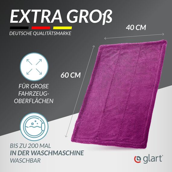 Glart 44TW6P Auto Trockentuch XXL lila – 60x40 cm Mikrofasertuch für Auto, saugstarkes Tuch zum Trocknen von Lack, Glas, Felgen, außen & innen – für Autopflege, Motorrad, Boot, Haushalt – 1 Stück