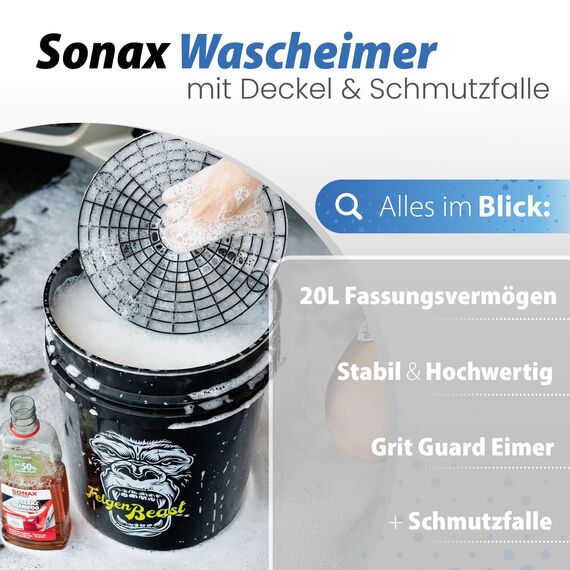 Autowäsche Set - SONAX: Autoshampoo Glanz Shampoo Konzentrat - Magic Bucket SONAX Felgenbeast Wascheimer mit Deckel & Schmutzfalle, Waschhandschuh mit Insekten Mesh - Autoreinigungsset Aussen