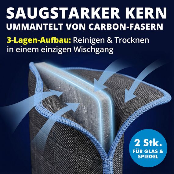 LICARGO 2X Glas & Scheiben Pads - Carbon Fenstertuch streifenfrei mit saugfähigem Kern - Mikrofaser Glastücher Auto für Autoscheiben & Spiegel - Glasreinigungstücher Fenstertücher Glastuch 16x22cm
