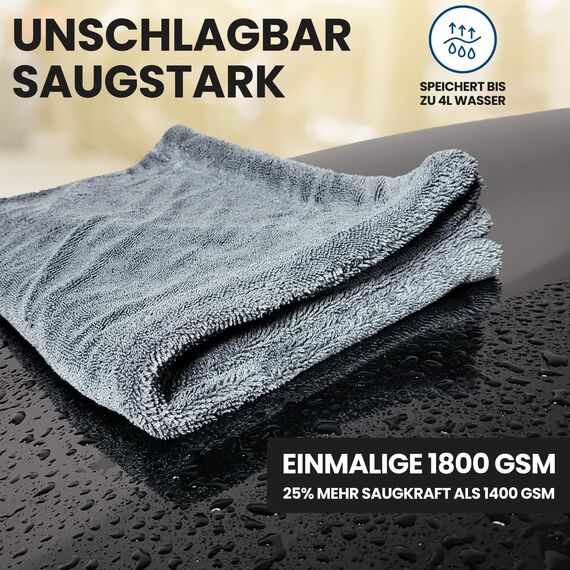 Ivality® Auto Trockentuch Set – 2 Stück - 80x50 cm & 40x40 cm, 1800 GSM Saugstarkes Twisted Mikrofasertücher - Trockentuch für AutoPflege und Motorrad - Fusselfreie & Lack-schonende Microfasertücher