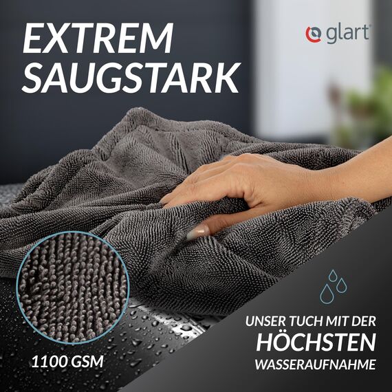 Glart 44TW68 Auto Trockentuch XXL Set in grau – 60x40 & 80x55cm für Auto, saugstarkes Tuch zum Trocknen von Lack, Glas, Felgen, außen & innen – für Autopflege, Motorrad, Boot, Haushalt - 2 Stück