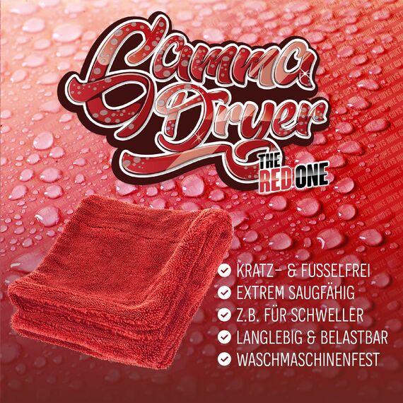 Nuke Guys Gamma Dryer S | Ultra saugstarkes handliches Trockentuch 1400 GSM rot 40x40cm | Fusselfrei, abgerundete sanfte Fasern, kratzerfrei | Premium Mikrofasertuch für Auto Motorrad Fahrrad