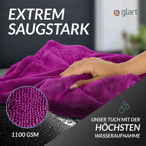 Glart Twist Auto Trockentuch XXL (80x55cm) - Premium, extra saugstark, kratzerfrei. Ideal vor Autopolitur & nach Felgenbürste. Großes Mikrofaser-Trockentuch für Auto & Motorrad, fusselfrei