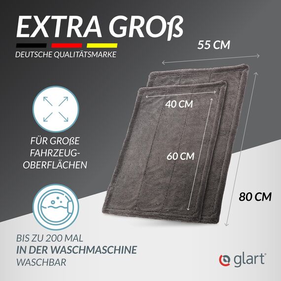 Glart 44TW68 Auto Trockentuch XXL Set in grau – 60x40 & 80x55cm für Auto, saugstarkes Tuch zum Trocknen von Lack, Glas, Felgen, außen & innen – für Autopflege, Motorrad, Boot, Haushalt - 2 Stück