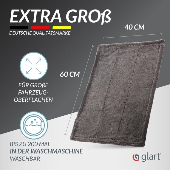 Glart 44TW6 Auto Trockentuch XXL grau – 60x40 cm Mikrofasertuch Auto, extrem saugstarkes Tuch zum kratzfreien Trocknen von Lack, Glas, Felgen, außen & innen – für Autopflege, Motorrad, Boot, Haushalt