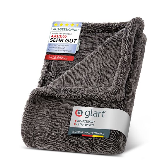 Glart Twist Auto Trockentuch XXL (80x55cm) - Premium, extra saugstark, kratzerfrei. Ideal vor Autopolitur & nach Felgenbürste. Großes Mikrofaser-Trockentuch für Auto & Motorrad, fusselfrei