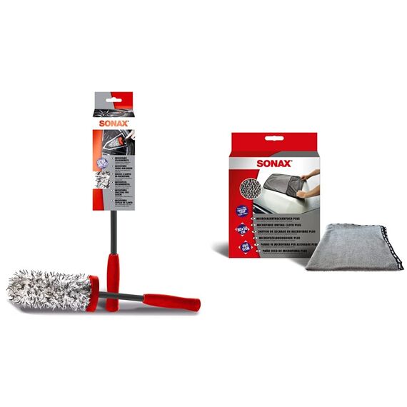 SONAX Microfaser FelgenBürste (1 Stück) & MicrofaserTrockenTuch Plus (1 Stück) im Großformat zur perfekten, streifenfreien Trocknung von Fahrzeugen Art-Nr. 04512000 Weiß
