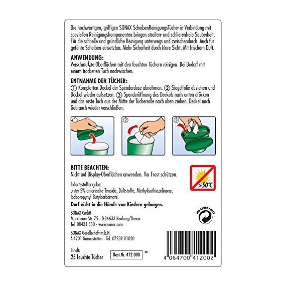 SONAX ScheibenReinigungsTücher Box (25 Stück) zur schnellen, einfachen und streifenfreien Reinigung von Allen Glas- und Spiegelflächen | Art-Nr. 04120000 (Packung mit 2)