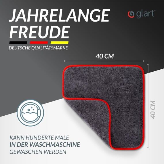 Glart 443TP Mikrofasertücher 3er Set – 600 GSM – 40x40 cm – Flauschige Auto Poliertücher für Trocknung & Pflege – Ultraweich, fusselfrei & saugstark – Für Autopflege, Motorrad, Boot & Haushalt