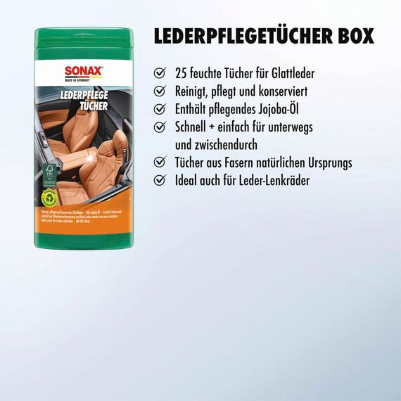 SONAX LederPflegeTücher Box (25 Stück) reinigen schnell, einfach und gründlich alle Oberflächen aus Glattleder | Art-Nr. 04123000