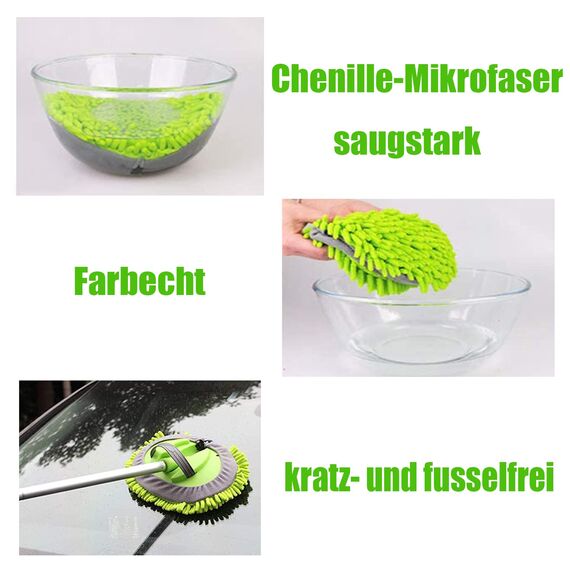 GreatCool 160CM Autowaschbürste Waschbürste Auto mit Langer Griff, 2 in 1 Mikrofaser Chenille Autowaschmopp Waschhandschuh Reinigungsbürste für Auto RV Trucks Wohnwagen Wohnmobil（2 x Moppkopf）