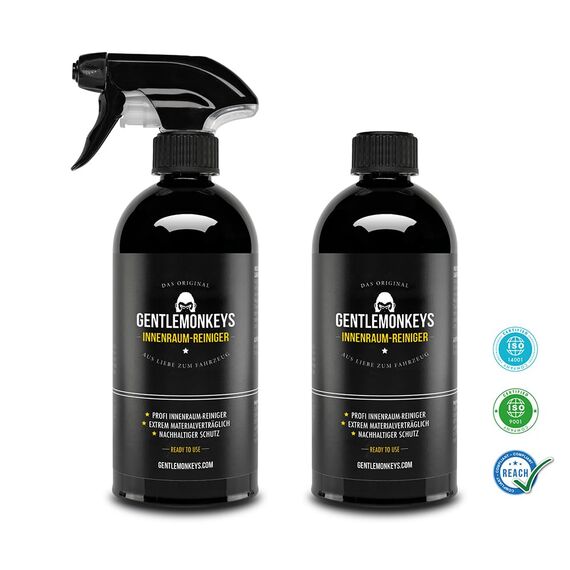 GENTLEMONKEYS Auto Innenraumreiniger Set (500ml Reiniger + 500ml Nachfüllflasche+ Schwamm + Microfasertuch) • Für Textilien im Fahrzeuginnenraum • Biologisch abbaubar • Made in Germany