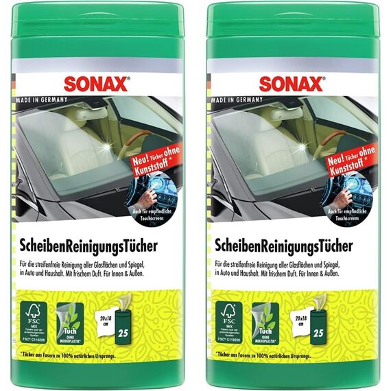 SONAX ScheibenReinigungsTücher Box (25 Stück) zur schnellen, einfachen und streifenfreien Reinigung von Allen Glas- und Spiegelflächen | Art-Nr. 04120000 (Packung mit 2)