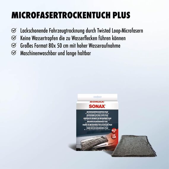 SONAX MicrofaserTrockenTuch Plus (1 Stück) im Großformat zur perfekten, streifenfreien Trocknung von Fahrzeugen | Art-Nr. 04512000