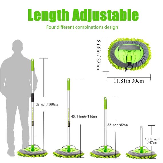 GreatCool 160CM Autowaschbürste Waschbürste Auto mit Langer Griff, 2 in 1 Mikrofaser Chenille Autowaschmopp Waschhandschuh Reinigungsbürste für Auto RV Trucks Wohnwagen Wohnmobil（2 x Moppkopf）